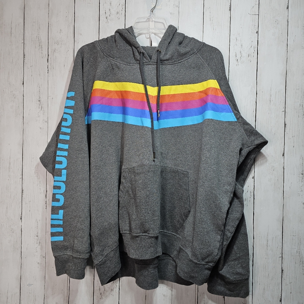 THE COLOR RUN MEN'S GRAY RAINBOW ACCENTS LONG SLEEVE HOODED SWEATSHIRT Size XXL.